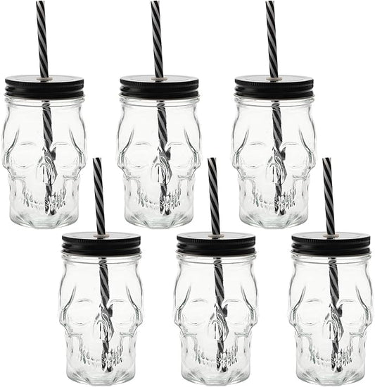 TOPZEA 6 Pack Mason Jars Mugs, 16 oz Glass Skull Mason Drinking Mugs Tumbler Cup with Straws Old Fashioned Jar Drinking Glasses Heavy Base for Beverage, Brandy, Liquor, Jello