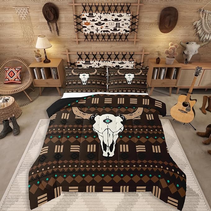 Erosebridal Bull Skull Queen Size Bedding Set, Boho Aztec Comforter Set for Boys Men Bedroom Decor, Western Cowboy Down Comforter, Native Ethnic Horns Duvet Insert with 2 Pillow Cases, Brown