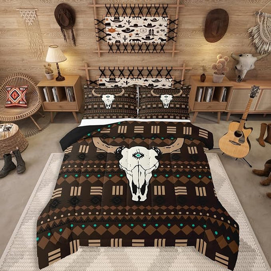 Erosebridal Bull Skull Queen Size Bedding Set, Boho Aztec Comforter Set for Boys Men Bedroom Decor, Western Cowboy Down Comforter, Native Ethnic Horns Duvet Insert with 2 Pillow Cases, Brown