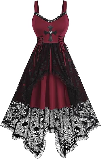 Rosegal Women Plus Size Gothic Lace-up PU Cross Skulls Lace Panel Asymmetrical High Low Midi Dress Rivets Straps Punk Dress