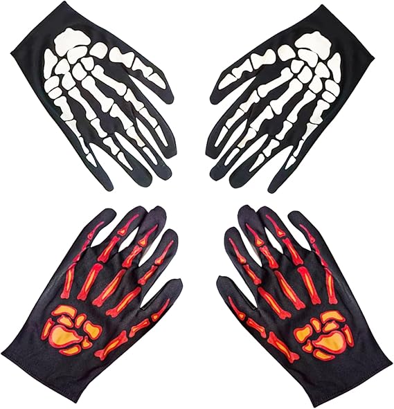 2 Pairs Skeleton Gloves, Halloween Black and Red Full Finger Bones Accessories for Day of The Dead Ghost Cosplay Parties