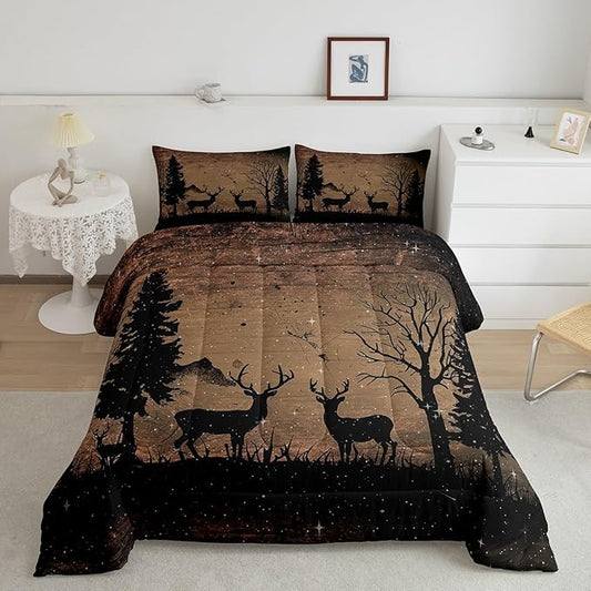 Feelyou Hunting Deer Bedding Set Twin, Deer Comforter Set for Boys Girls Black Deer Comforter Cute Dear Duvet Set Camo Deer 3Pcs