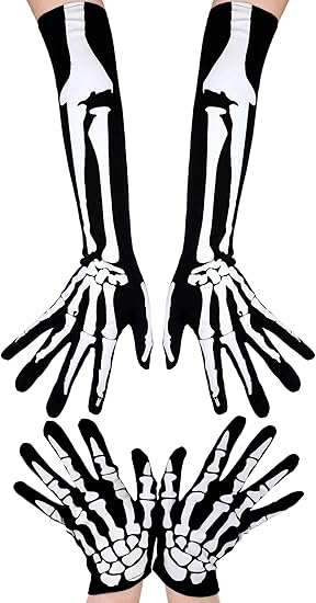 2 Pairs Halloween Skeleton Gloves Long Short Skull Claw Ghost Bone Gloves for Halloween Cosplay Party Props