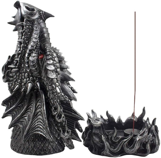 Mythical Fire Breathing Dragon Incense Holder & Burner Combo Statue for Sticks or Cones with Decorative Display Stand of Flames As Gothic Home Decor Aromatherapy Sculptures and Medieval Fantasy Gifts