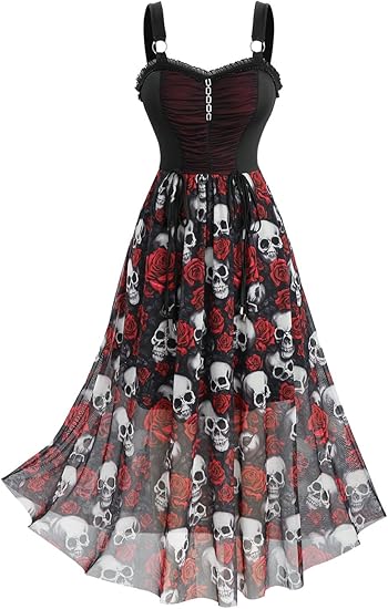 Plus Size Gothic Dress for Women Halloween Costume Skull Print Goth Swing Witchy Costume Vampire Dresses