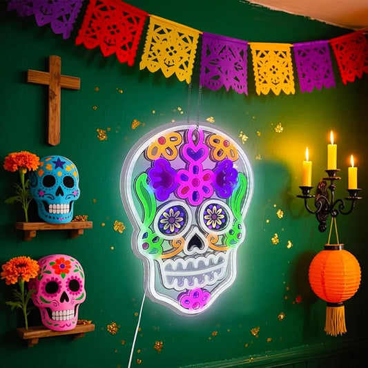 Day of the Dead Neon Sign,Halloween Decorations Skull LED Sign for Wall Decor,Party Neon Sign for Halloween Day Gift,Bedroom Wall Decor
