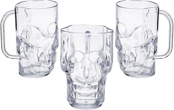 Fun Express Halloween Cups Set of 12 - Clear Skull Shaped Plastic Mugs 16oz for Halloween Party Supplies | Reusable Skeleton Cups for Adults, Day of the Dead & Pirate Birthday Parties