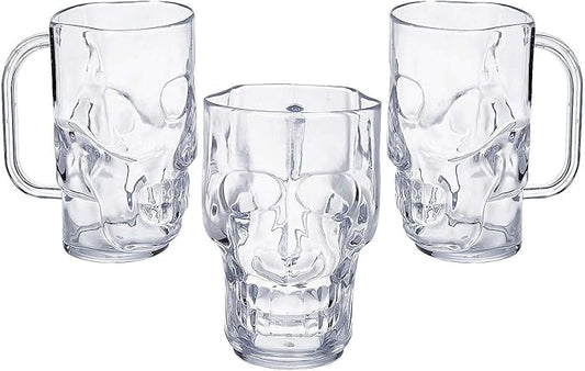 Fun Express Halloween Cups Set of 12 - Clear Skull Shaped Plastic Mugs 16oz for Halloween Party Supplies | Reusable Skeleton Cups for Adults, Day of the Dead & Pirate Birthday Parties