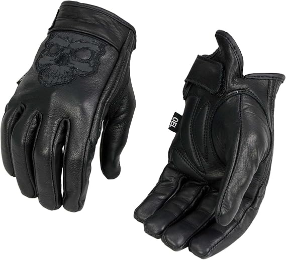 Men's Black Leather ‘Reflective Skull’ Motorcycle Hand Gloves W/Gel Padded Palm MG7570