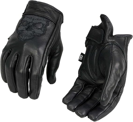 Men's Black Leather ‘Reflective Skull’ Motorcycle Hand Gloves W/Gel Padded Palm MG7570