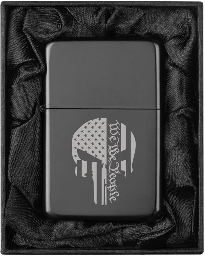 Lighter in Black Silk Lined Gift Box We The People Skull American Flag (Black)