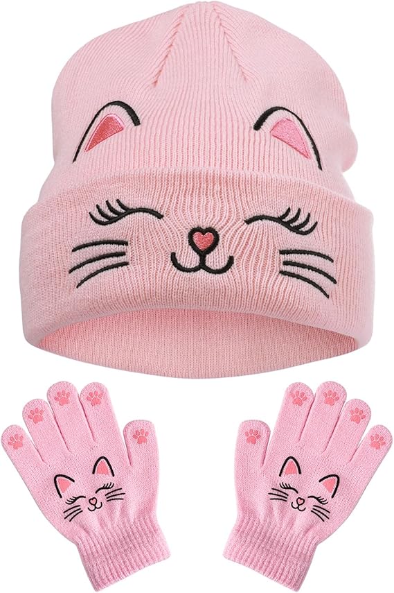 Cat Embroidered Girls Beanie Hat and Gloves Set Kids Knitted Hat Unisex Skull Cuffed Skiing Caps Hats 3-12 Years