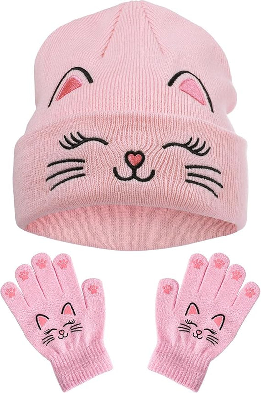 Cat Embroidered Girls Beanie Hat and Gloves Set Kids Knitted Hat Unisex Skull Cuffed Skiing Caps Hats 3-12 Years