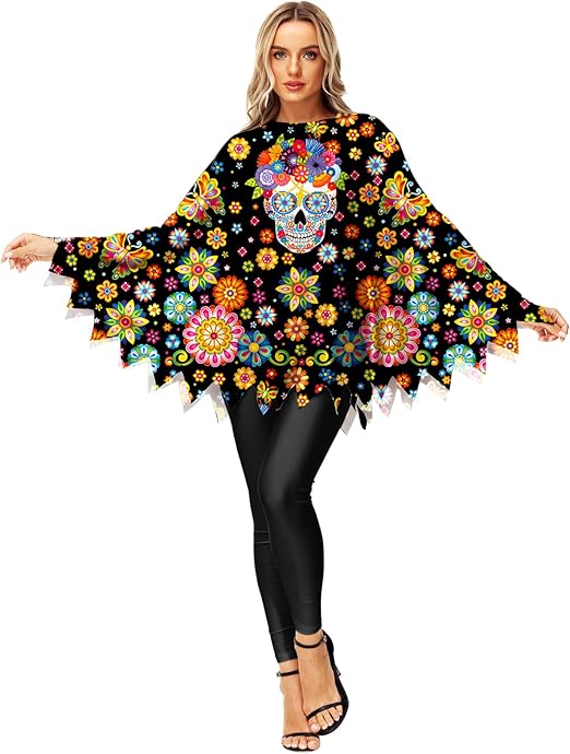 Women Halloween Costume One Size Funny Print Poncho Cloak
