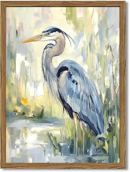 Framed Blue Heron Wall Art, Watercolor Sea Bird Pictures Wall Decor, Coastal Nature Wildlife Animal Paintings Canvas Prints for Living Room Bedroom Bathroom Office Home Decor 12x16 inch