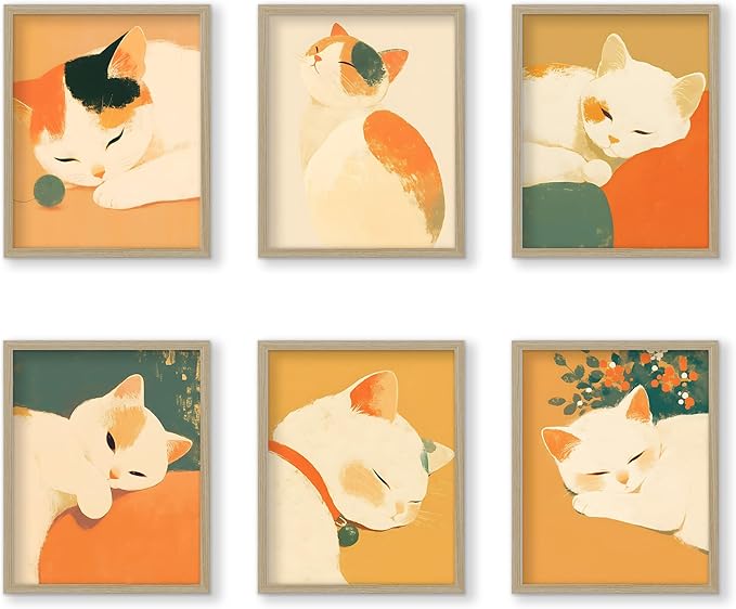 RoyoLam Cat Canvas Wall Art Prints - Set of 6 Unframed 8x10 Inches, Japanese Style Illustrations Nursery Decor for Kids Room and Playroom