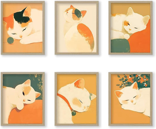 RoyoLam Cat Canvas Wall Art Prints - Set of 6 Unframed 8x10 Inches, Japanese Style Illustrations Nursery Decor for Kids Room and Playroom