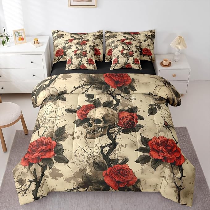 Erosebridal Rose Sugar Skull 7 Piece Bedding Set Queen Retro Spider Web Comforter Set with Sheets Floral Thorns Horror Theme Bed in a Bag Red White Gothic