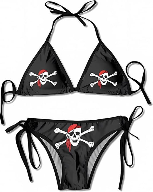 Women Pirate Flag Boxing Bikini Women Swimsuits Set UnderwearTwo Piece Black