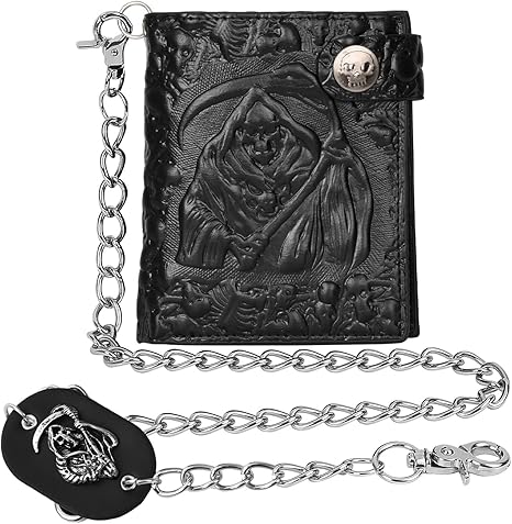 Unisex Black Skull Gothic Chain Wallet | Punk Bifold Leather Wallet for Halloween Accessories