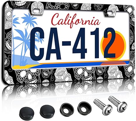 Sugar Skull License Plate Frames Black and White License Plate Holder for Car Decor Parts Personalized Stainless Steel License Plate Cover for Standard License Plate Holder 12x6 Inch