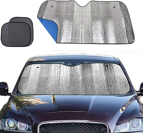 Big Hippo Windshield Sun Shade,Car Sun Shade Side Window as Bonus,Car Sunshade Windshield,Reflect Sunlight Heat and UV Rays, Protect Interior,Keep Vehicle Cool,Silver/Blue(55.16X 27.5inches)