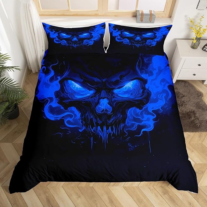 Feelyou Sugar Skull Bedding Set Full Size Smoky Sugar Skull Duvet Cover for Adult Boys Girls Blue Comforter Cover Set Thriller Style Bedspread Cover 3Pcs