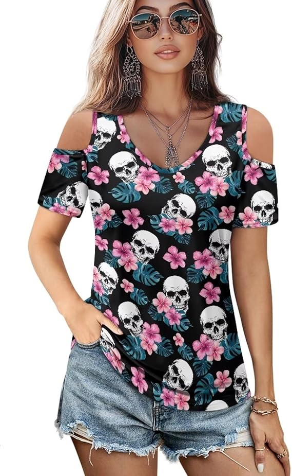 Womens Tee Shirt Tops Short Sleeve Cold Shoulder Tops for Women Summer Gothic Skull Rose Butterfly