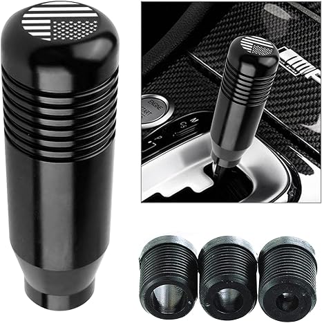 1 PC Comfort Grip Shift Knob, 3.34" x 1.18" American Flag Alloy Shifter, with 8mm/10mm/12mm Adapter, Fits Most Manual Cars, Trucks, SUV (Black)