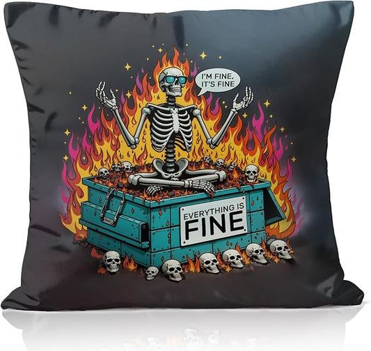 Dumpster Fire Gifts Throw Pillow Covers 18x18 inch, Funny Gothic Skeleton Skull I'm Fine It's Fine Everything is Fine Pillowcases Home Decor for Bed Couch Sofa Therapy Office Living Room