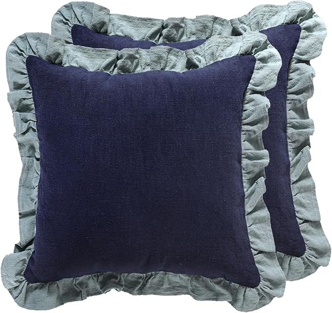 patdrea Blue Shabby Chic Decorative Throw Pillow Covers 18x18 Set of 2,Farmhouse Linen Pillow Covers with Ruffles,Square Sturdy Throw Pillow Case for Couch Sofa Bed Living Room