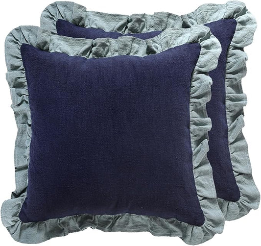 patdrea Blue Shabby Chic Decorative Throw Pillow Covers 18x18 Set of 2,Farmhouse Linen Pillow Covers with Ruffles,Square Sturdy Throw Pillow Case for Couch Sofa Bed Living Room