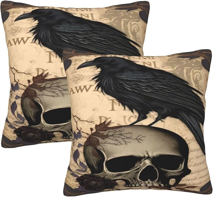 Edgar Allan Poe The Raven Skull Decorative Throw Pillow Covers 18X18 Inch Set of 2, for Couch Bed Sofa Living Room