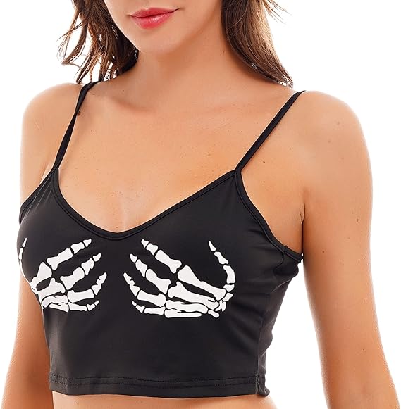Girlzlwalk Women's Cami Crop Top - Ladies Skeleton Skull Hand Print Sports Bra Sleeveless Spaghetti Strap Tank Top Size S-XXL