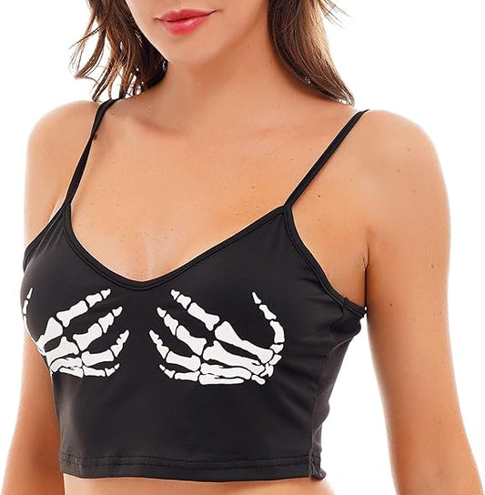 Girlzlwalk Women's Cami Crop Top - Ladies Skeleton Skull Hand Print Sports Bra Sleeveless Spaghetti Strap Tank Top Size S-XXL