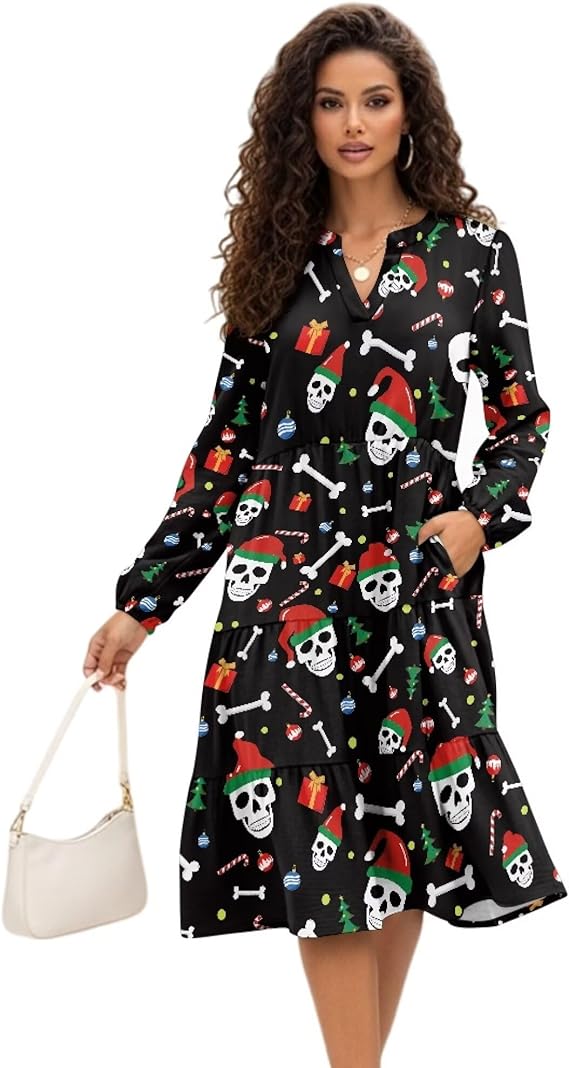 Casual V Neck Dresses for Women Long Sleeve Midi Dress with Pockets S - 2XL