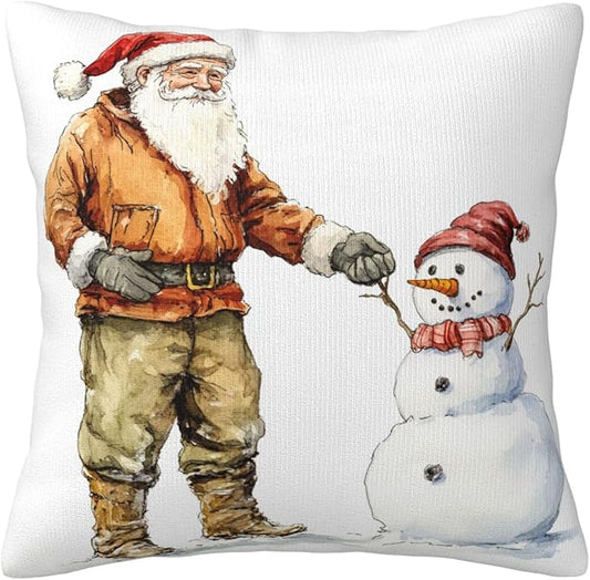 Watercolor Santa Claus Snowman Decorative Throw Pillow Cover 18x18 Inch Double Sided Plush Pillowcase Cushion Case for Sofa Couch Bedroom Living Room Home Decor