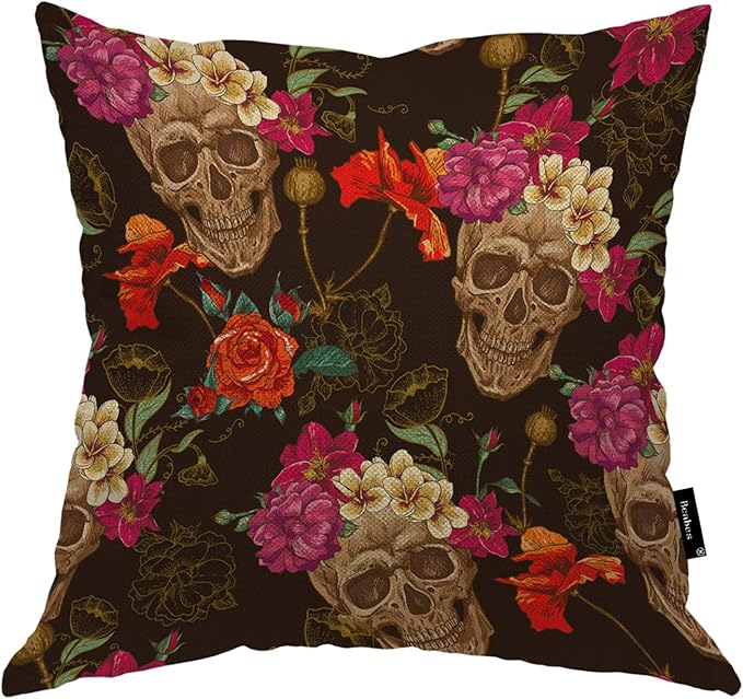 Skull and Flowers Throw Pillow Covers, Mexican Sugar Skull Rose Flowers Accent Pillow Case Cushion Cover for Bedroom/Livingroom/Sofa/Farm House Cotton Linen Pillowcases 18"X18"