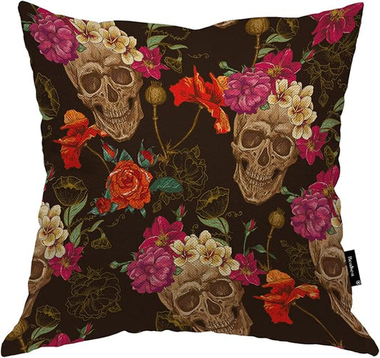 Skull and Flowers Throw Pillow Covers, Mexican Sugar Skull Rose Flowers Accent Pillow Case Cushion Cover for Bedroom/Livingroom/Sofa/Farm House Cotton Linen Pillowcases 18"X18"