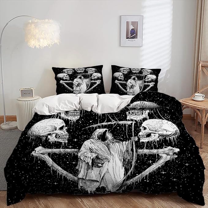 AILONEN Skull Duvet Cover Set, Bedding for Boys, King Size Comforter Cover, Skeleton Theme, 1 Quilt Cover 2 Pillowcases 3 Piece