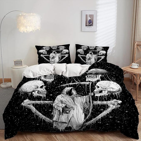 AILONEN Skull Duvet Cover Set, Bedding for Boys, King Size Comforter Cover, Skeleton Theme, 1 Quilt Cover 2 Pillowcases 3 Piece