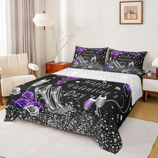 Erosebridal Valentine's Day Bed Sheets Queen Romantic Purple Rose Bedding Set Gifts Glitter Sequins Diamond Sheet Set Wine Glass High Heels Fitted Sheet + Flat Sheet + 2 Pillow Cases Black