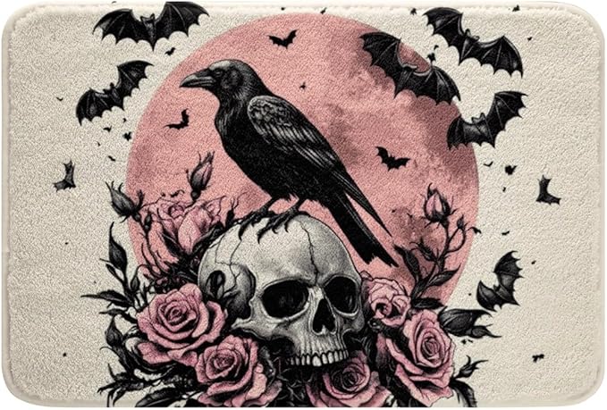 Erosebridal Skull Bath Mat Halloween Bats Doormats Floor Mats Kids Spooky Crow Gothic Skeleton Bathroom Rugs 16"X 24",Pink Rose Moon Entryway Rug for Boys Girls Child Bedroom Decor