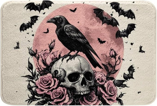 Erosebridal Skull Bath Mat Halloween Bats Doormats Floor Mats Kids Spooky Crow Gothic Skeleton Bathroom Rugs 16"X 24",Pink Rose Moon Entryway Rug for Boys Girls Child Bedroom Decor