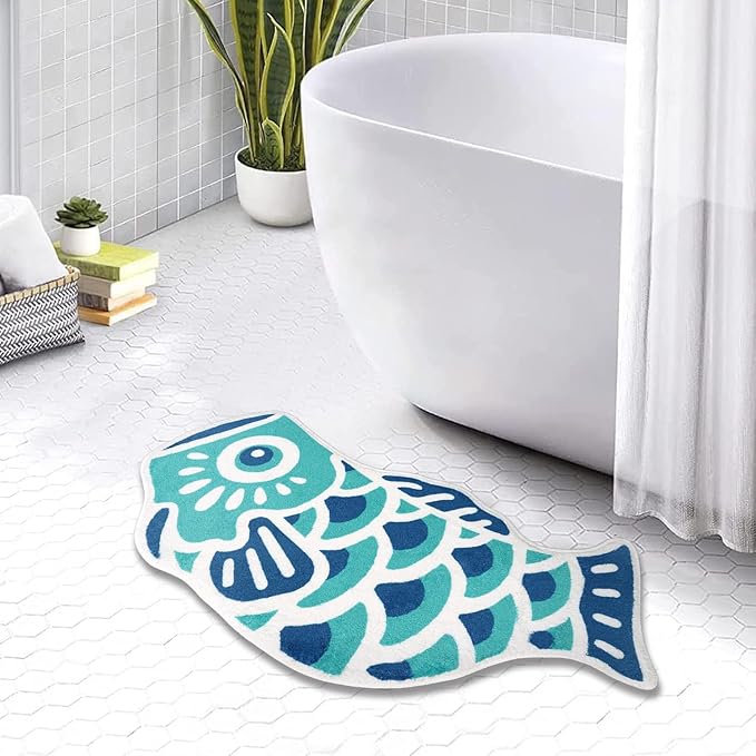 Cute Fish Bath Mat Non-Slip Absorbent Bathroom Rug in Japanese Koi Flag Shape Funky Soft Washable Bath Mat for Bathroom, Shower, Room 17.7"x33.5", Cyan