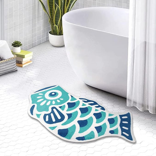 Cute Fish Bath Mat Non-Slip Absorbent Bathroom Rug in Japanese Koi Flag Shape Funky Soft Washable Bath Mat for Bathroom, Shower, Room 17.7"x33.5", Cyan