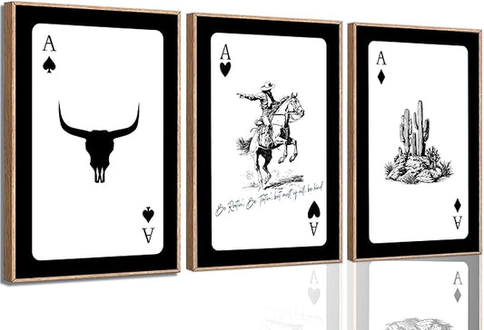 3Pcs Western Cowboy Wall Art Rustic Southwestern Canvas Poster Retro Western Aesthetic Pictures Playing Card Prints Longhorn Bull Skull Painting Cactus Wall Decor for Bedroom Living Room Unframed