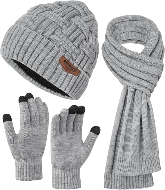 Mens Winter Hats Scarf for Men with Touchscreen Gloves Warm Long Scaves and Skull Caps Beanie Hat Gloves Set