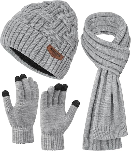 Mens Winter Hats Scarf for Men with Touchscreen Gloves Warm Long Scaves and Skull Caps Beanie Hat Gloves Set