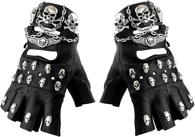 Skulls Men Women Uniesex Leather Gloves Metal Chain Cosplay Goth Fingerless Gloves